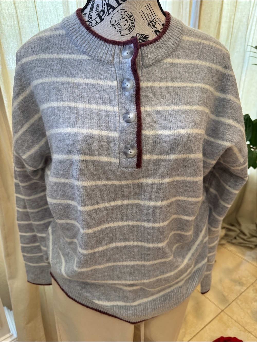 Women’s Grey Striped Button-Neck Sweater with Maroon Trim